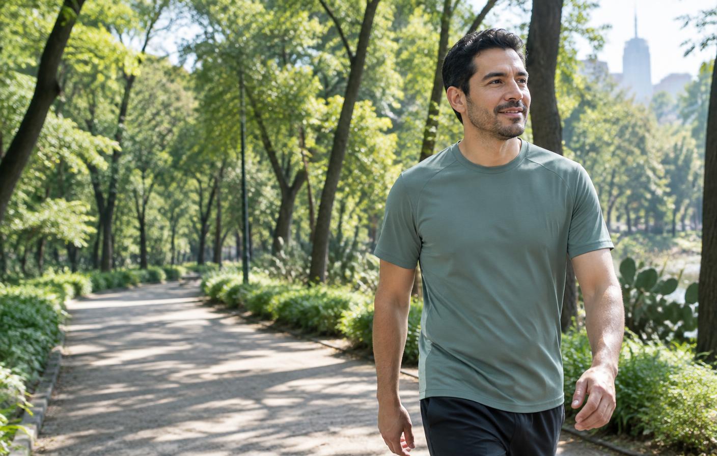 Ilustración de hábitos de bienestar: un hombre adulto caminando en un parque