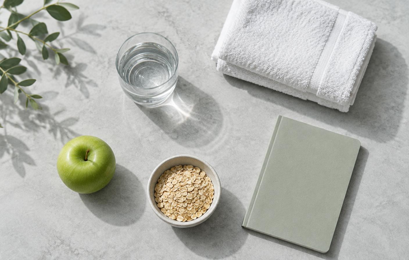 Agua, avena, fruta y una libreta como ilustración de una rutina cotidiana de bienestar